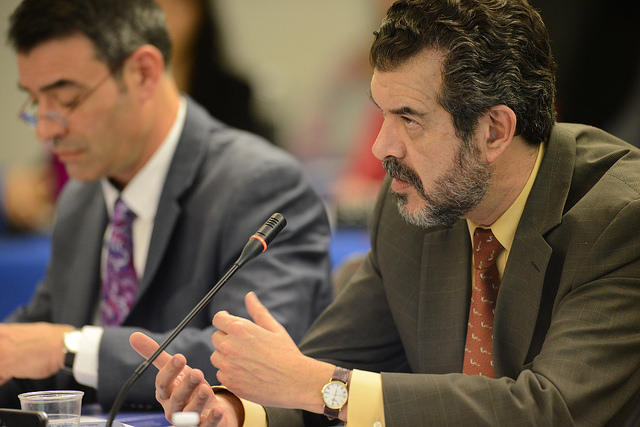 Commissioner Felipe González, and to his right, Commissioner James Cavallaro during the 150th Session Credit: Daniel Cima/IACHR