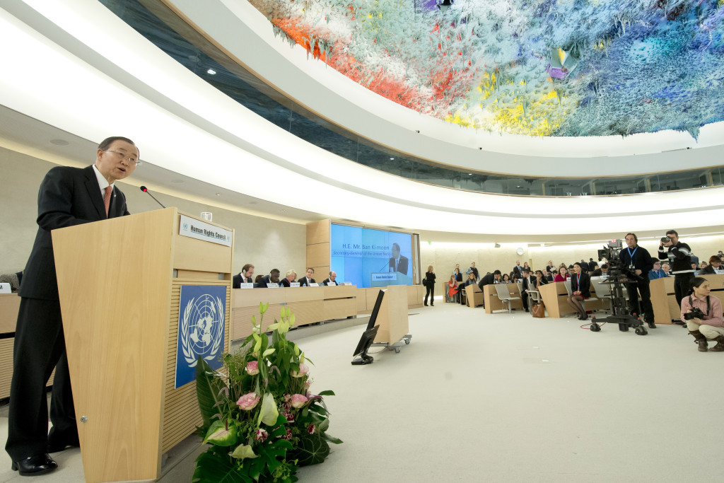 Secretary-General Ban Ki-moon at the opening of the Human Rights Council session and the High-level panel discussion on human rights mainstreaming - ÒThe 2030 Agenda for Sustainable Development and human rights, with an emphasis on the right to developmentÓ. 29 February 2016. UN Photo / Jean-Marc Ferr