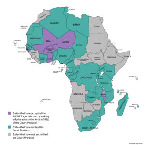 Political map of Africa showing what countries have ratified the Court Protocol (in teal), what countries have ratified the Court Protocol and made an Article 34(6) Declaration (in purple), and which countries have not yet done either (in gray).